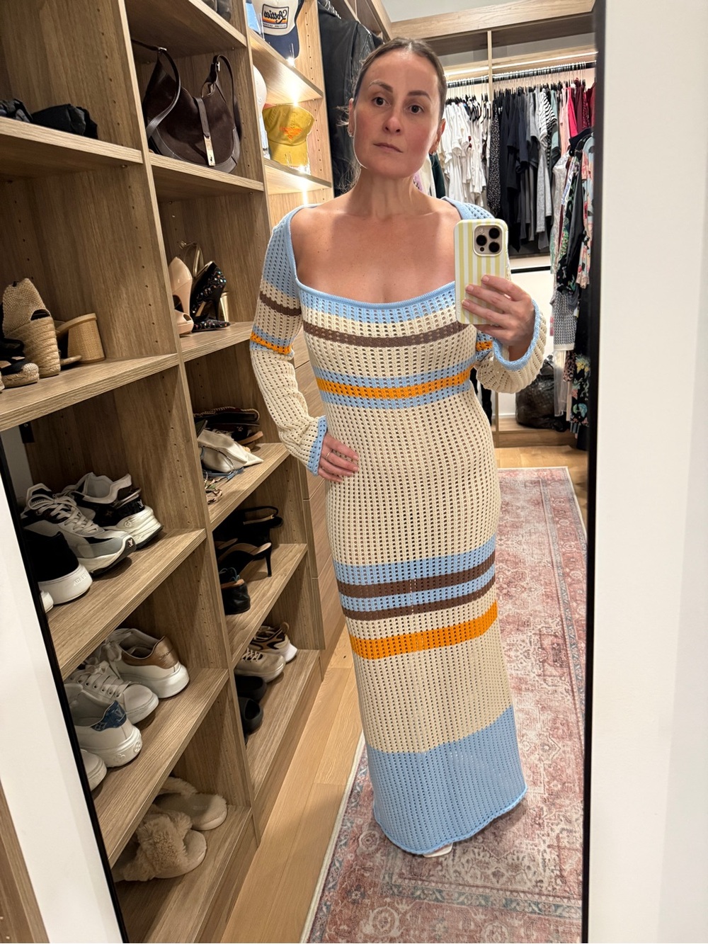 Dazie Cream Maxi Crochet Dress with Blue, Orange & Brown Stripes